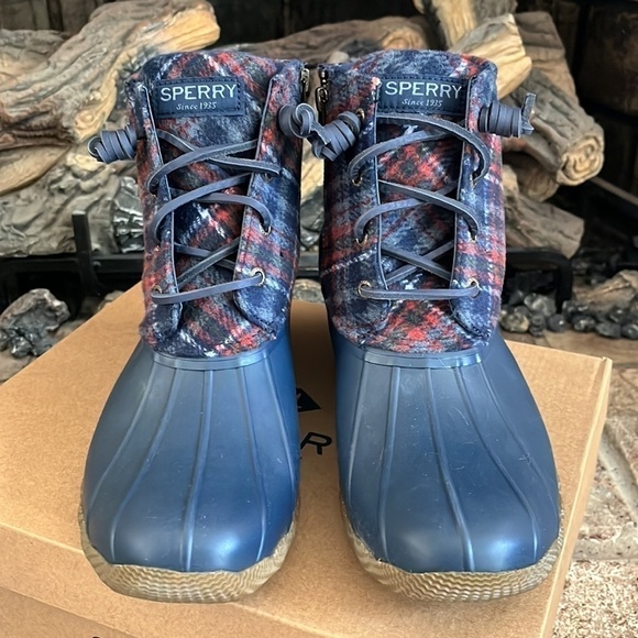 Brand New Sperry Saltwater Wool Plaid Duck Boot Waterproof Blue Winter Rain - Picture 3 of 15
